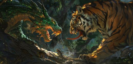 A dynamic screenshot thumbnail depicting an intense battle between a dragon and a tiger, showcasing their fierce rivalry. A fight between Dragon Vs Tiger A captivating thumbnail image featuring a dragon and a tiger engaged in a fierce duel, symbolizing their epic struggle. Dragon Vs Tiger