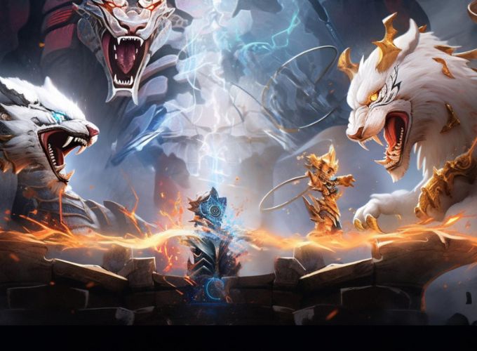 A dynamic screenshot thumbnail depicting an intense battle between a dragon and a tiger, showcasing their fierce rivalry. A fight between Dragon Vs Tiger A captivating thumbnail image featuring a dragon and a tiger engaged in a fierce duel, symbolizing their epic struggle. Dragon Vs Tiger